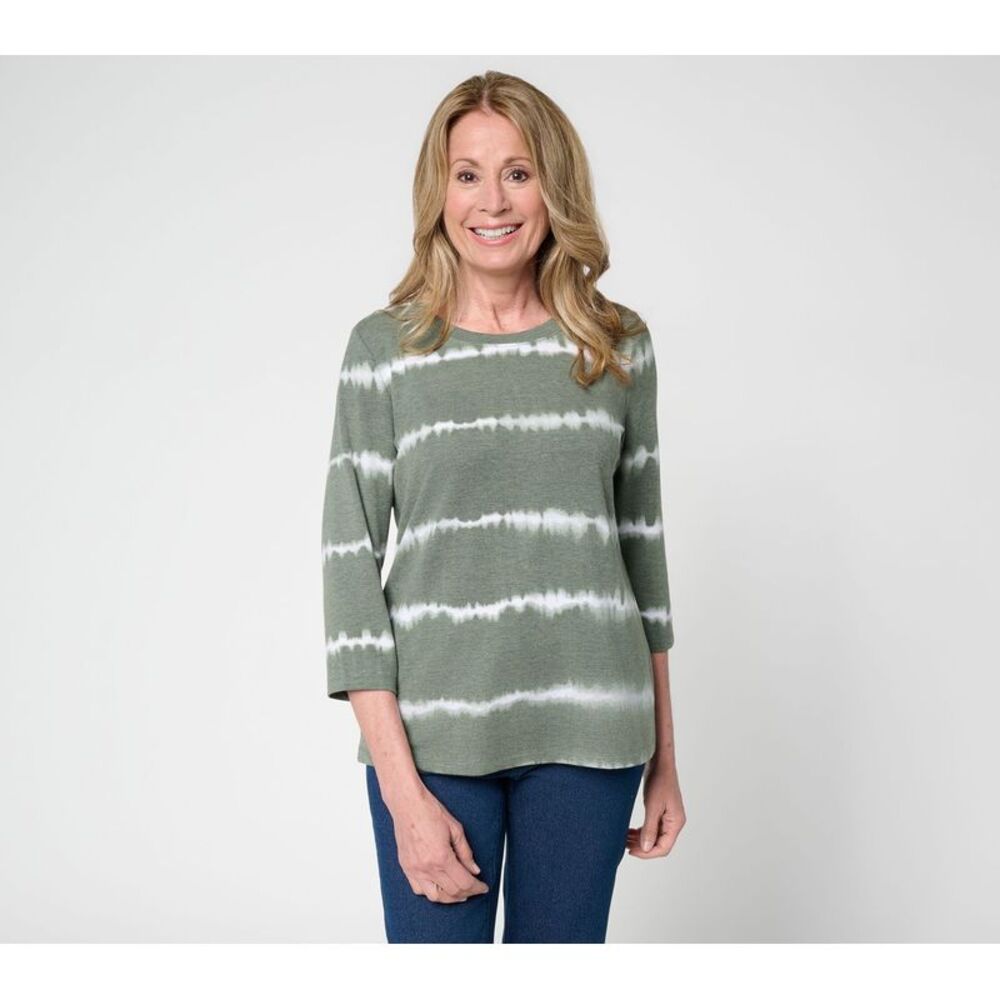 Denim & Co. Women's Top Sz L Soft Blend Tie Dye Stripe Printed Green